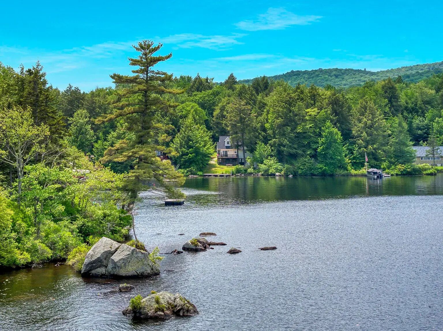 A serene lakeside property with a house surrounded by dense forest and a clear blue sky.