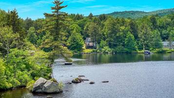 A serene lakeside property with a house surrounded by dense forest and a clear blue sky.