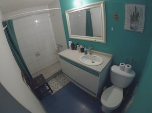 Hair dryer, towels, soap, toilet paper