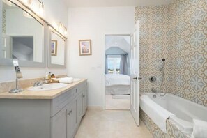 Hair dryer, towels, soap, toilet paper