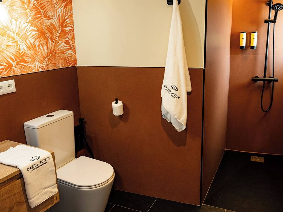 A bathroom with a toilet, a towel rack with a towel, a shower, and a toilet paper holder.