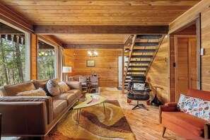 Télévision, cheminée, chaîne hi-fi