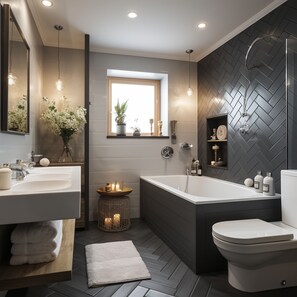 Family Suite, City View | Bathroom | Hair dryer, slippers, towels, soap