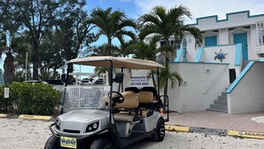 A golf cart parked in front of a building with a blue and white exterior, palm trees, and a sign for 'Alamanda Marina'. - Alamanda Villas (Holmes Beach)