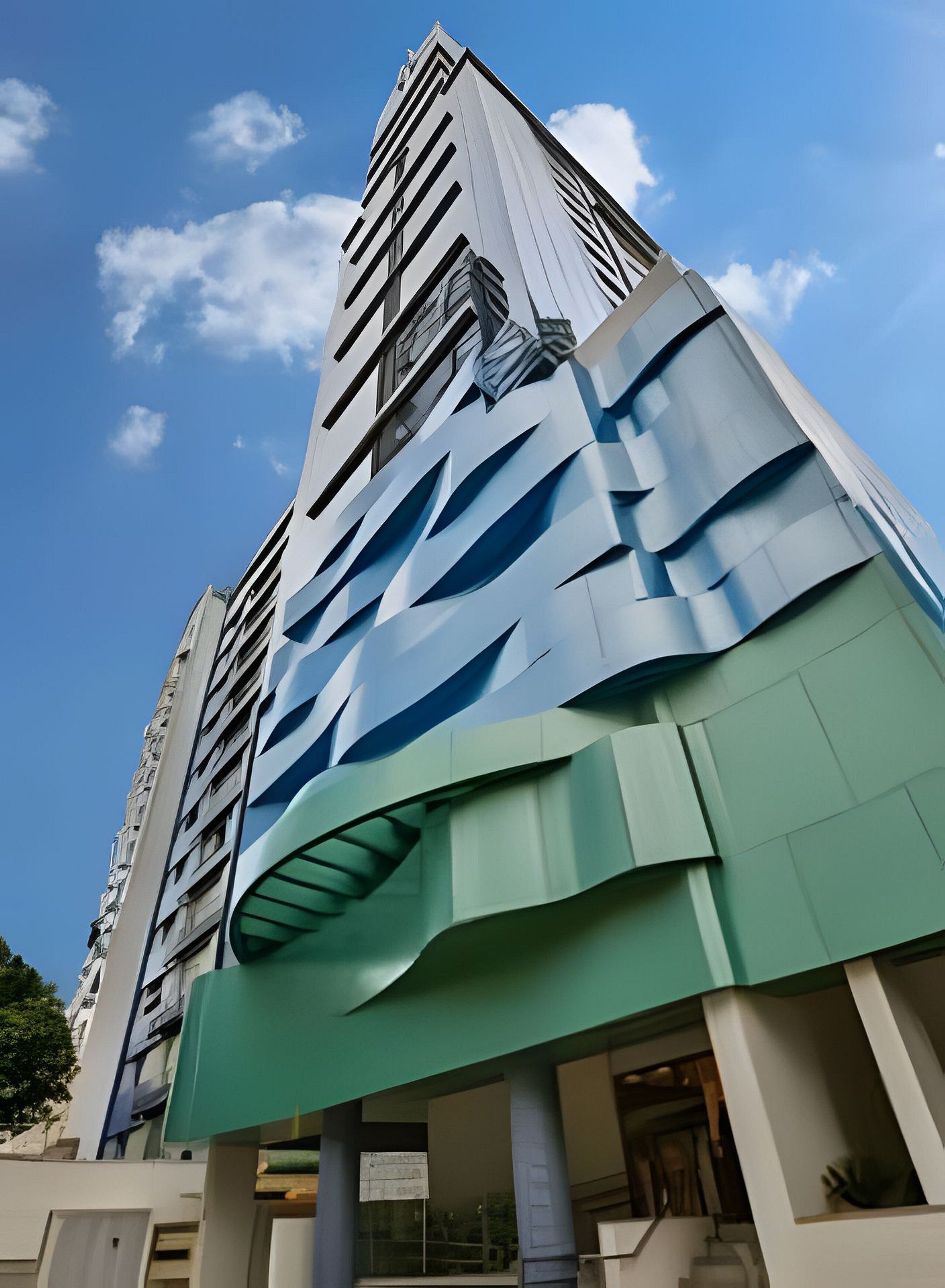 Um edifício moderno e imponente, com design angular e grandes janelas.
