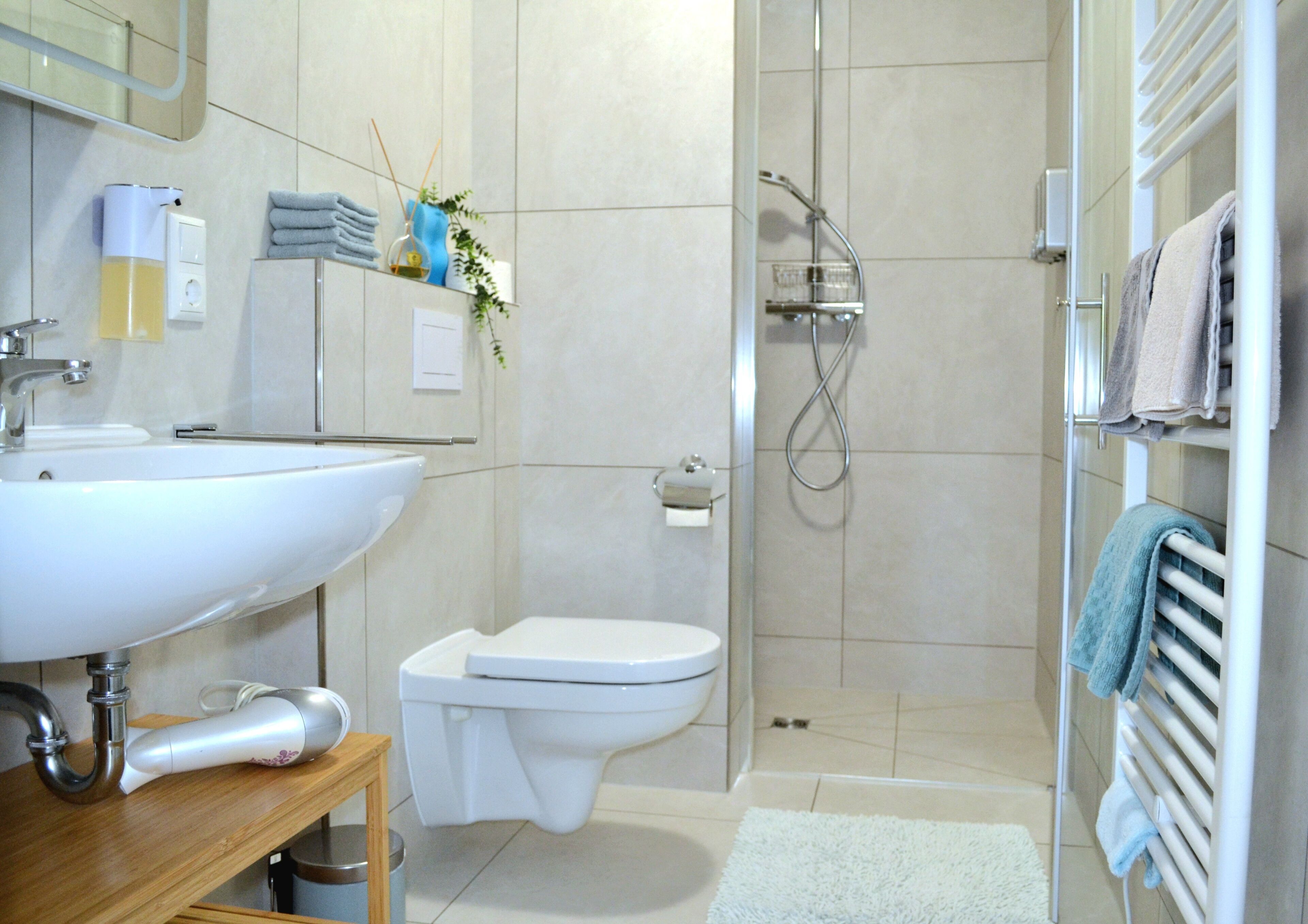 Dusche, Haartrockner, Handtücher, Seife
