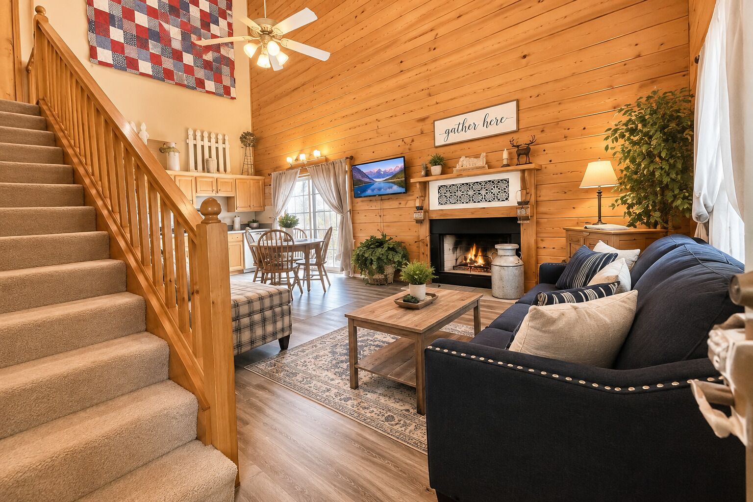 A cozy living room with a fireplace, a sofa, a dining area, and a staircase.
