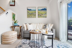 Smart TV, fireplace, books