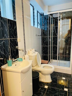 Hair dryer, towels, soap, toilet paper