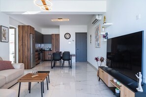 Apartment, 2 Bedrooms, Kitchen, City View | Living room | 55-inch Smart TV with digital channels, streaming services - Doria 2-Bedroom Apartment & Balcony in Larnaca (Larnaca)