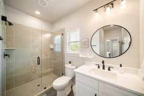 A modern bathroom with a walk-in shower, a toilet, a sink, and a large mirror.