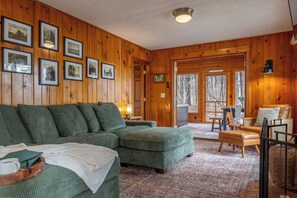 Smart TV, fireplace, books