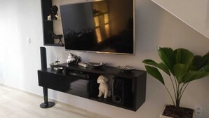 A modern living room with a flat-screen TV mounted on a black entertainment unit, a small white dog figurine, and a large green plant in a square pot.