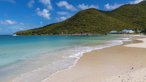 A beach with clear turquoise water, a sandy shore, and a hill with dense greenery in the background. - Anse Marcel Cove Suites St. Martin (Anse Marcel)