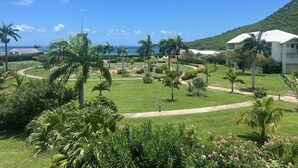 A lush, green landscape with palm trees, a well-maintained lawn, and a view of the ocean. - Anse Marcel Cove Suites St. Martin (Anse Marcel)
