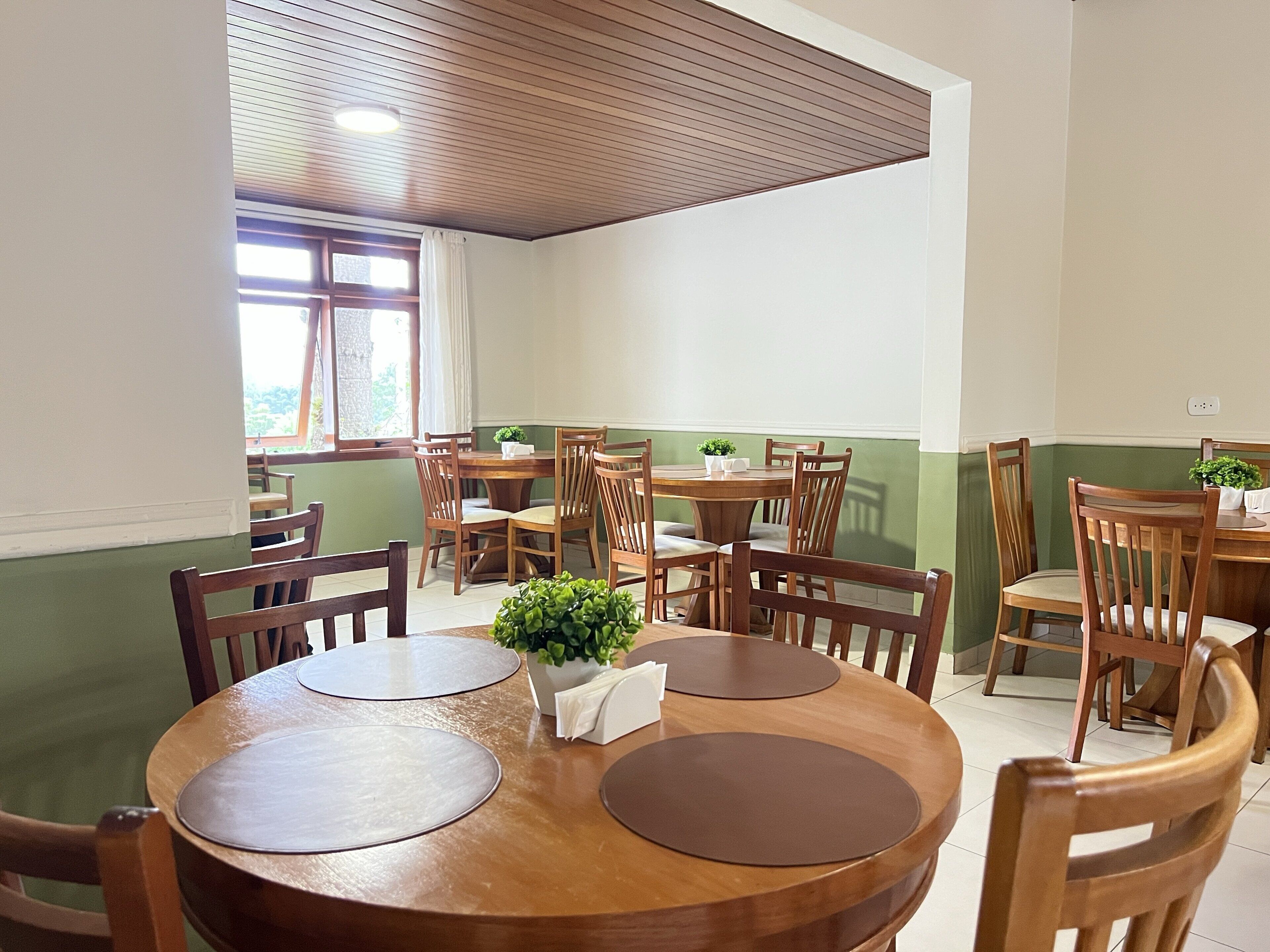 A dining area with wooden tables and chairs, a potted plant, and a window with curtains.