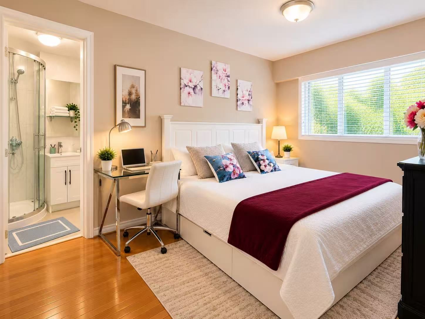 A bedroom with a bed, desk, chair, and a shower area.