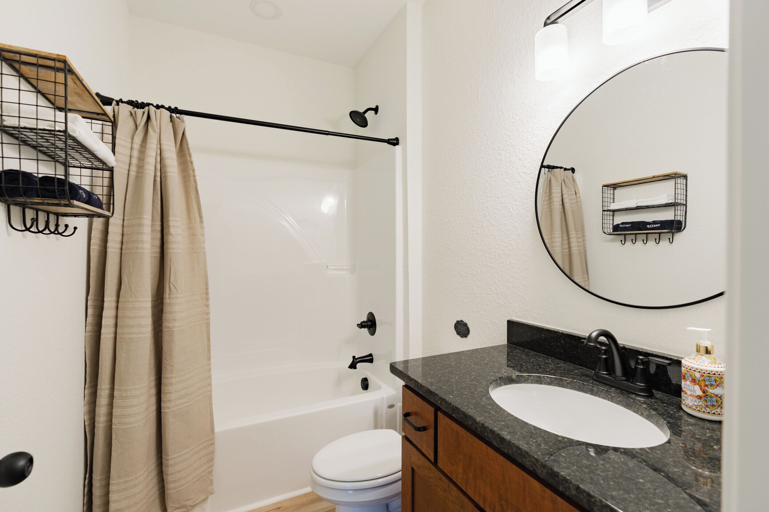 Hair dryer, towels, soap, toilet paper