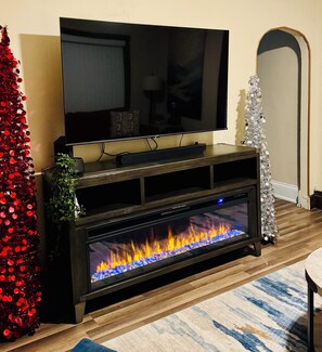 Smart TV, fireplace, books, stereo