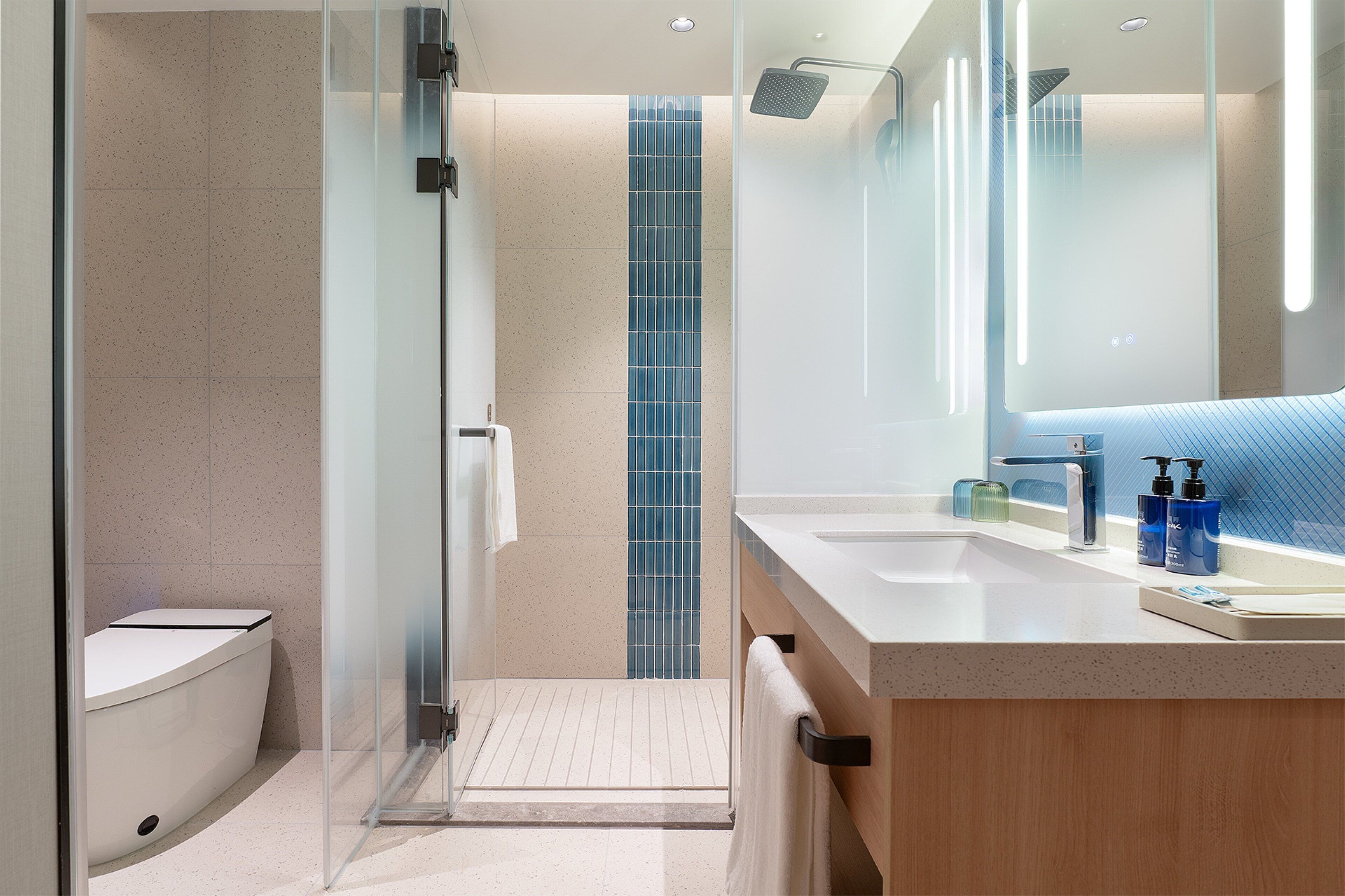 A modern bathroom with a glass shower enclosure, a toilet, and a sink with a mirror.