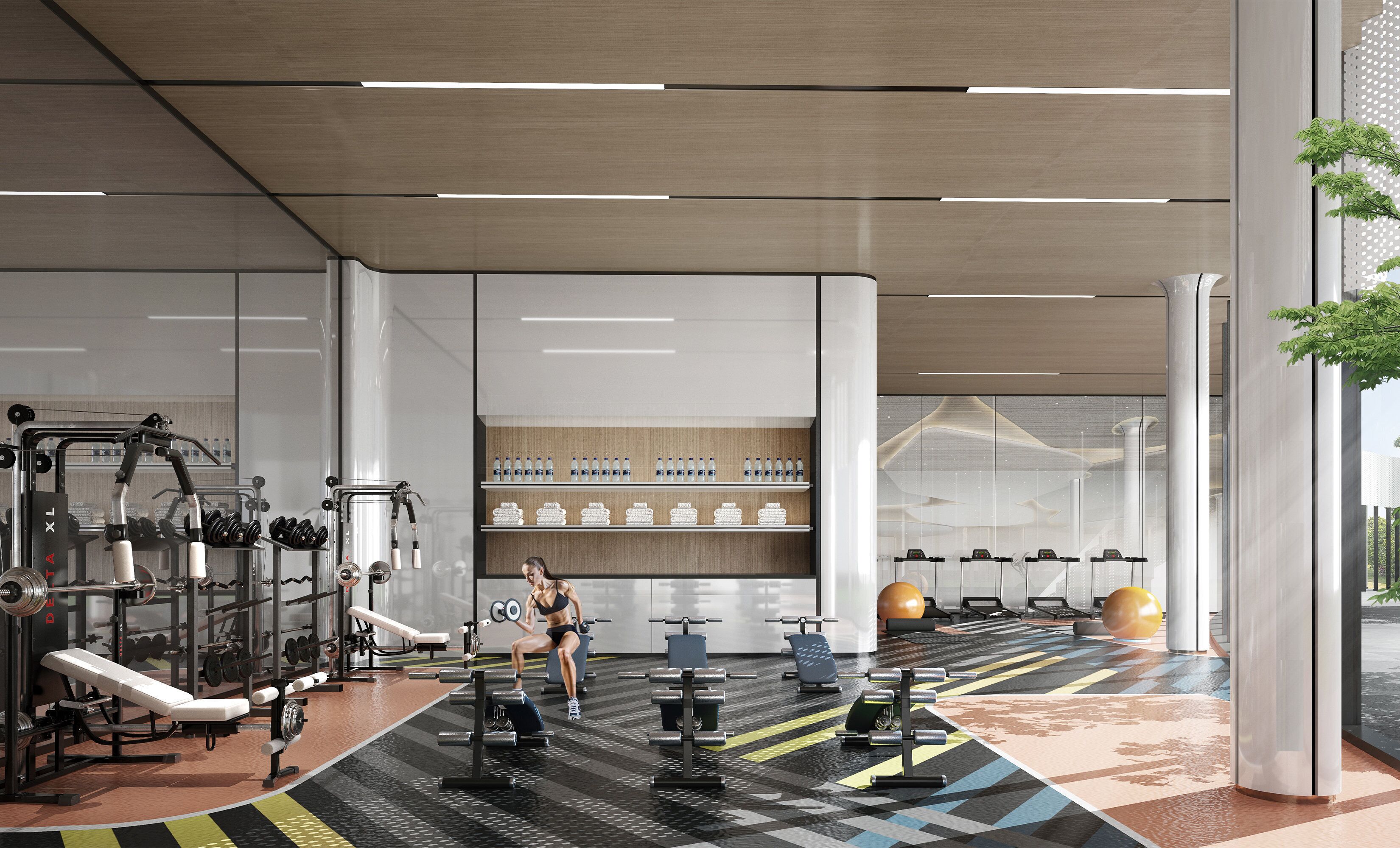 A modern gym with various exercise equipment, a water station, and a patterned floor.