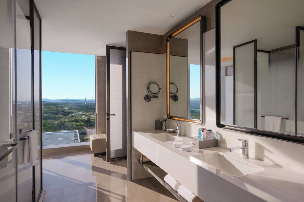 A modern bathroom with a large mirror, two sinks, and a view of the landscape.