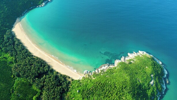 Luftaufnahme einer Küstenregion mit sandigem Strand, dichter grüner Vegetation und klarem, blauem Wasser.