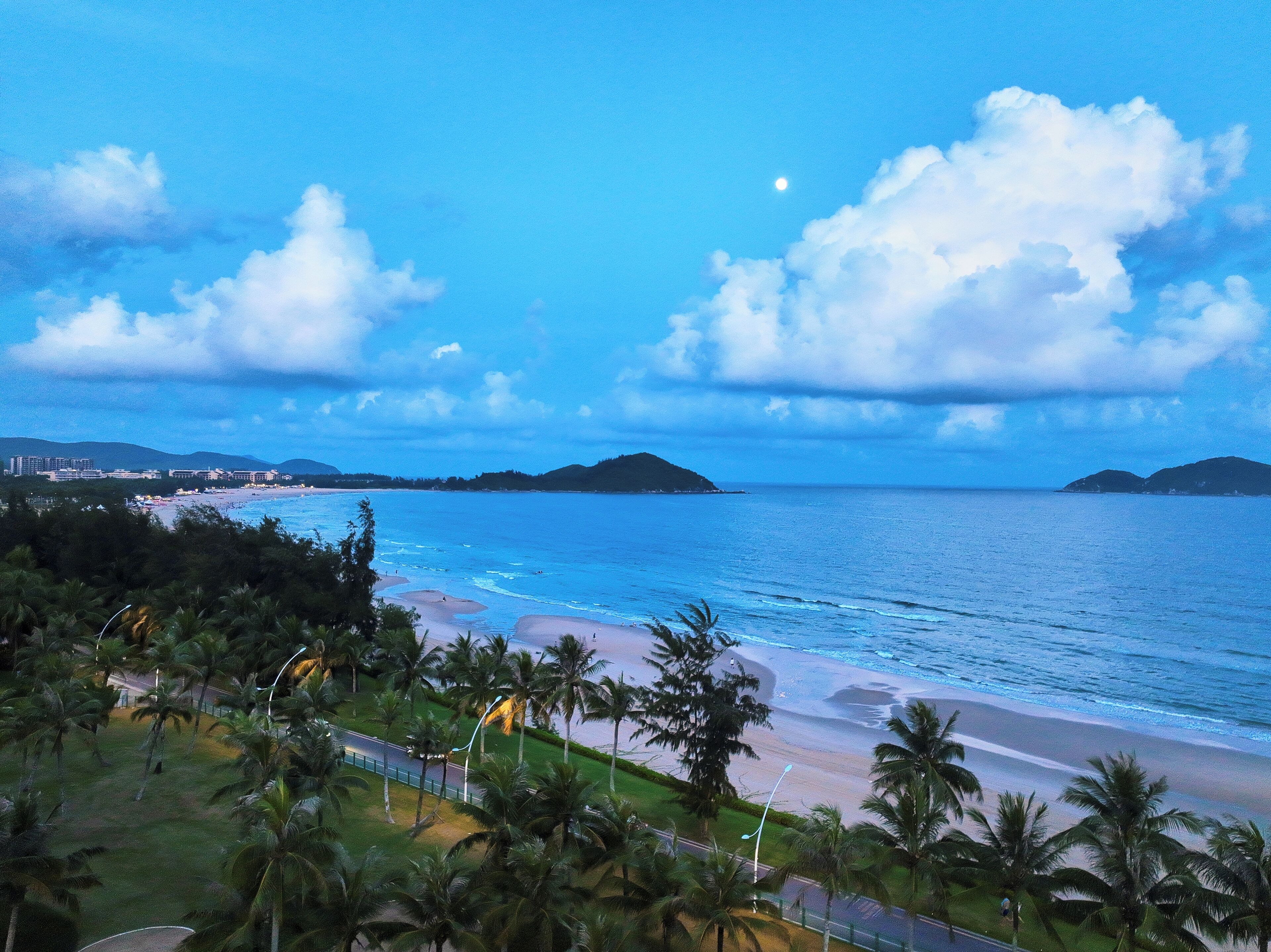 A coastal view with a beach, palm trees, and a road leading to a resort area.