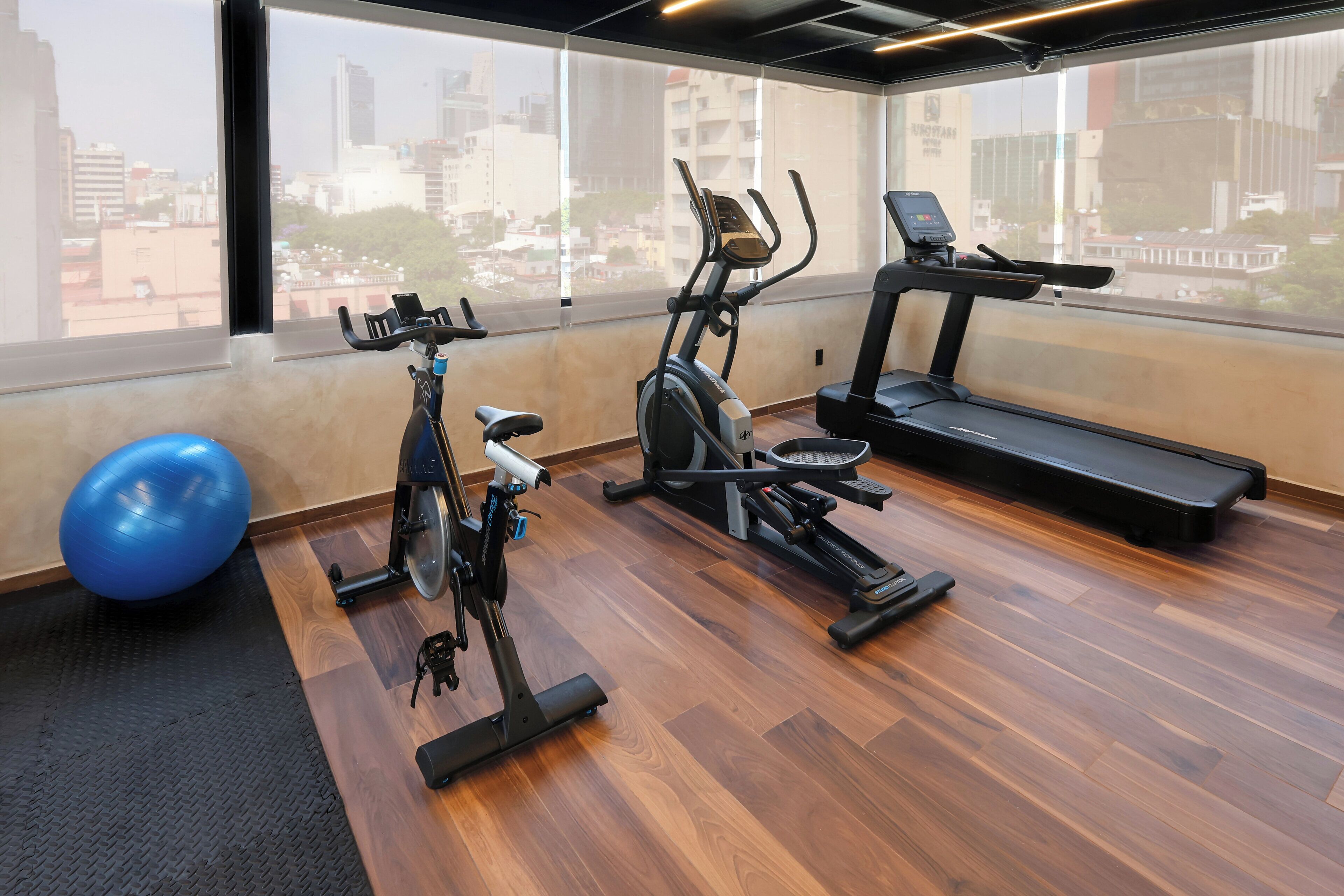 A gym with exercise equipment, a blue exercise ball, and a city view through large windows.