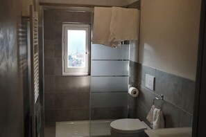A modern bathroom with a glass shower enclosure, a toilet, and a towel hanging on a rack. - The Sleeping Lions House (Pietrapiana)