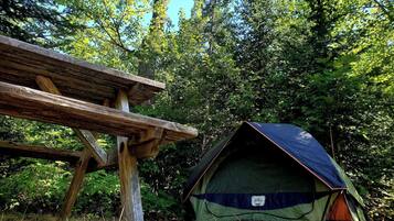 Una tenda montata in una zona boschiva con un tavolo da picnic in legno nelle vicinanze.