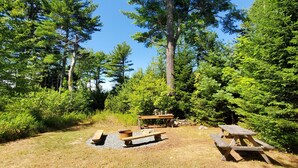 A picnic area with benches and a fire pit surrounded by dense trees. - Chickadee Hollow: Rustic Eco Camping near Acadia National Park! (Surry)
