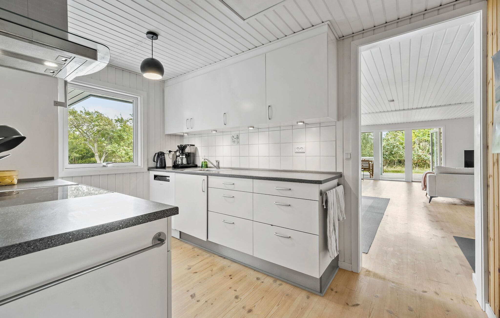 Fridge, stovetop, dishwasher, coffee/tea maker