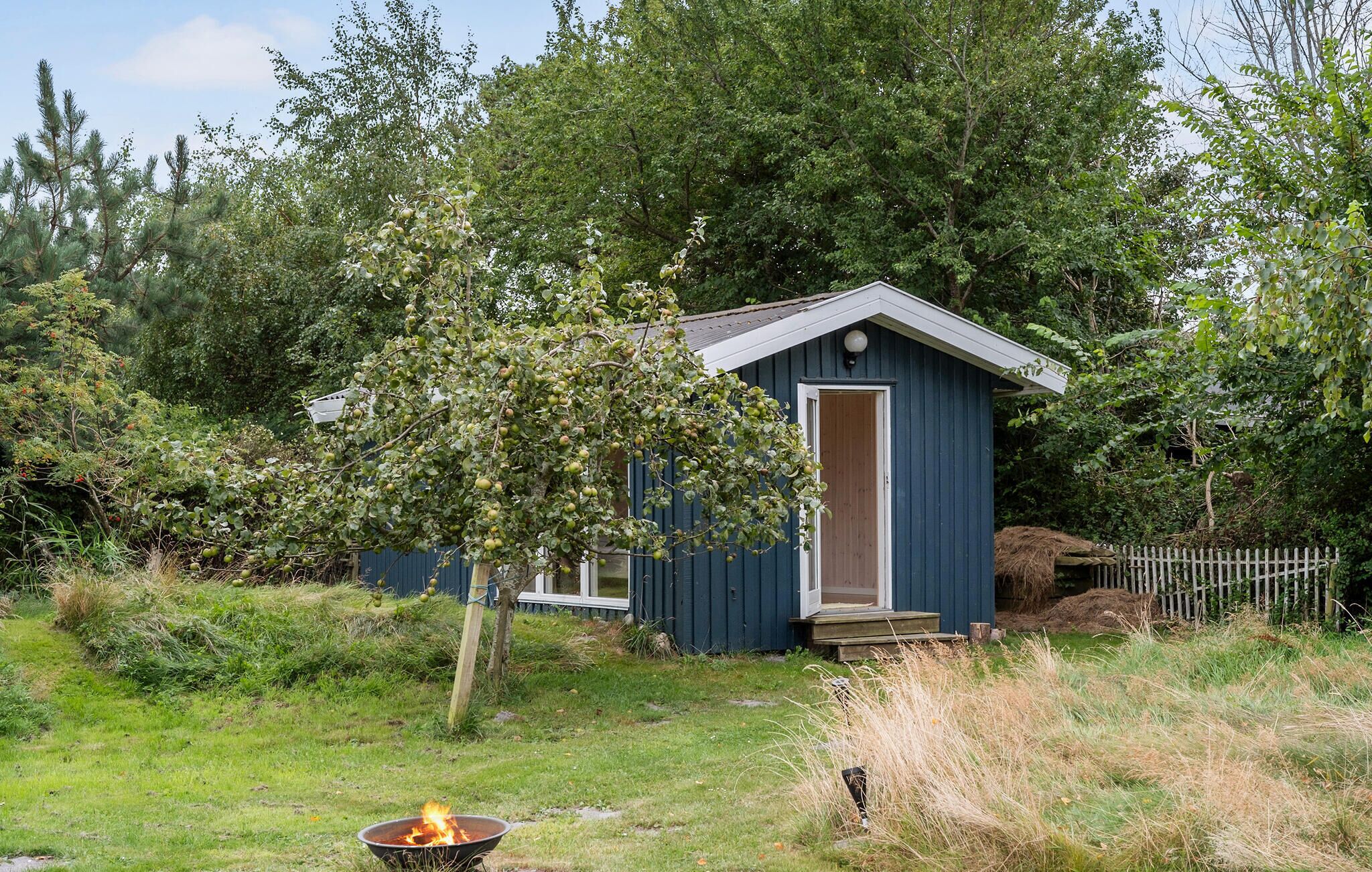 Una piccola cabina blu con una porta, circondata da alberi e un braciere in primo piano.