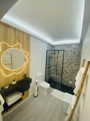 Hair dryer, towels, soap, toilet paper