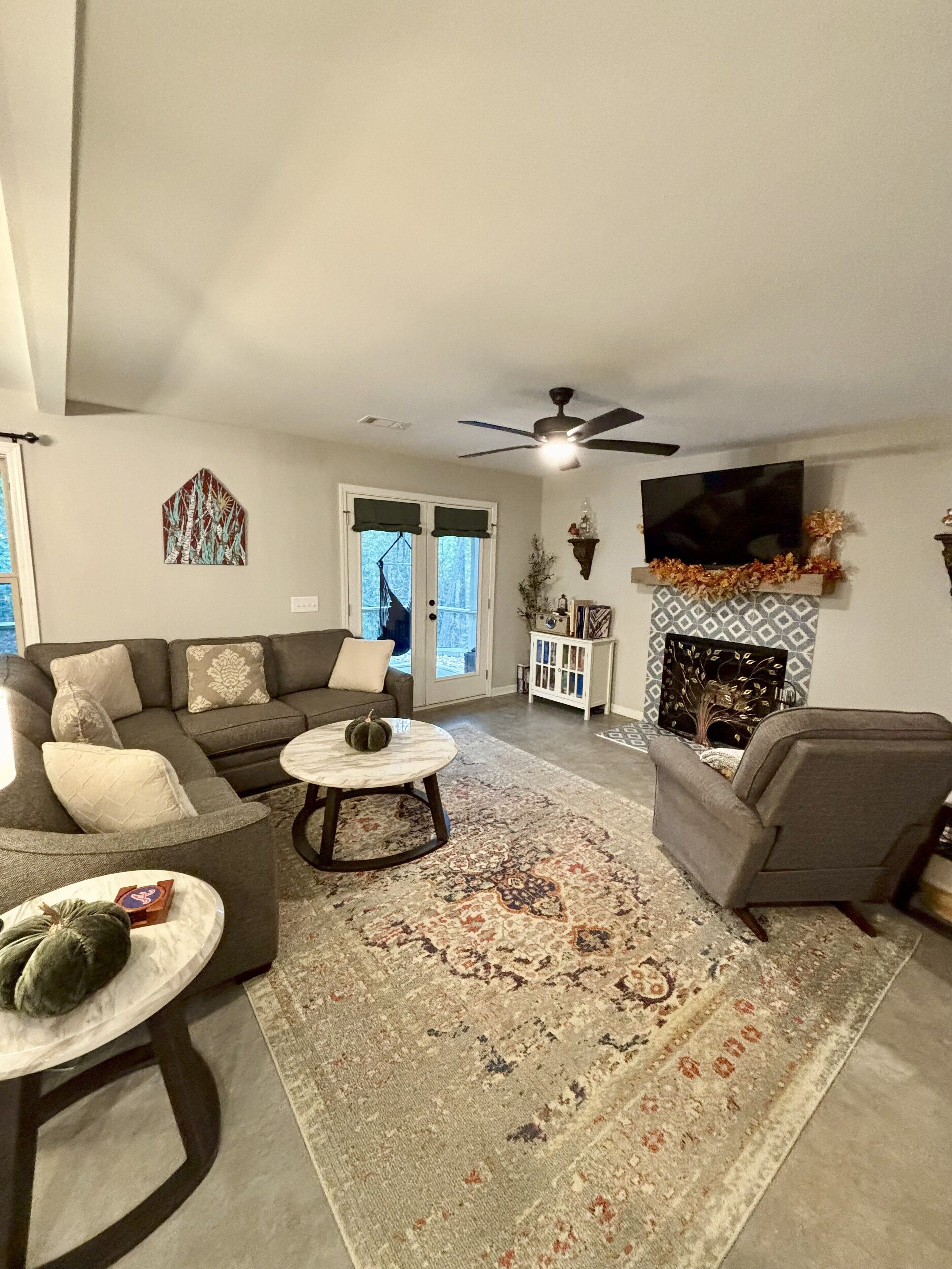 TV connectée, cheminée, livres, chaîne hi-fi