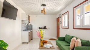 A compact living space with a kitchenette, a green sofa, a flat-screen TV, and a dining area.