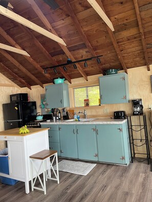 Coffee/tea maker, fridge, microwave, oven