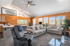 Televisión, chimenea, libros y oficina 