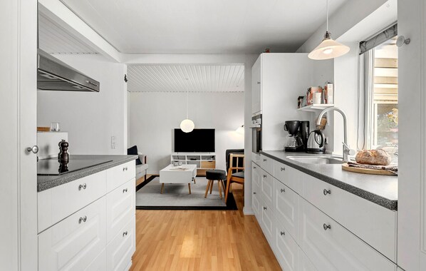 Fridge, stovetop, dishwasher, coffee/tea maker