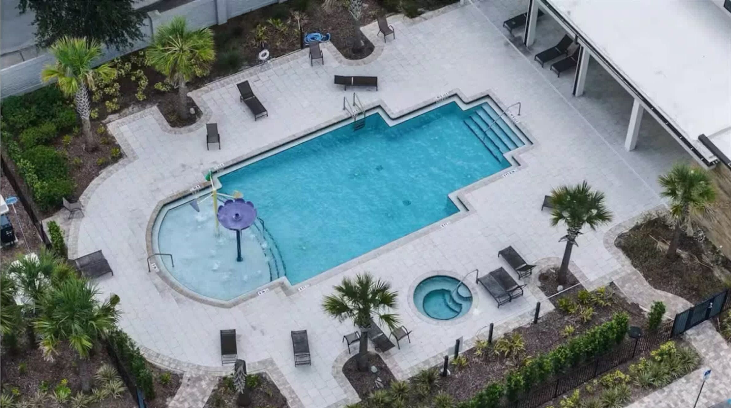 Vista aérea de una piscina rectangular con un pequeño jacuzzi, rodeada de palmeras y sillas de descanso.