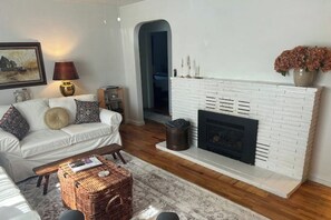 TV connectée, cheminée, livres, médiathèque