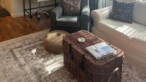 A living room with a grey armchair, a white sofa, a wicker basket, and a patterned rug. - Charming Lovely 1940s Bungalow (Ashland)