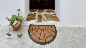 A dark wooden door with a geometric pattern, a stone step leading to it, and a potted plant beside it. - Cobalt - Casa do Parque (Aveiro)