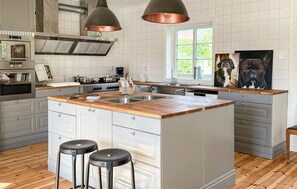Fridge, stovetop, dishwasher, coffee/tea maker