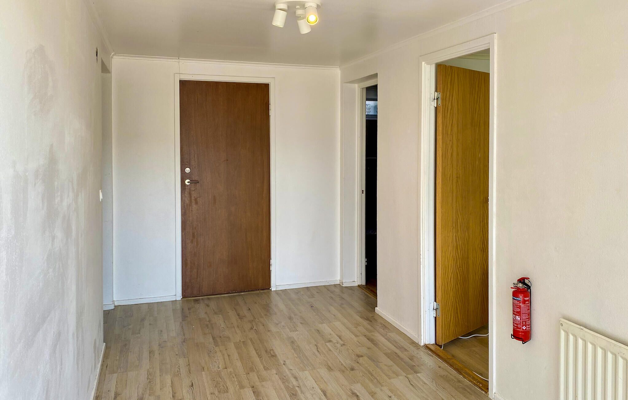 A hallway with a wooden door, a white wall, and a fire extinguisher mounted on the wall.