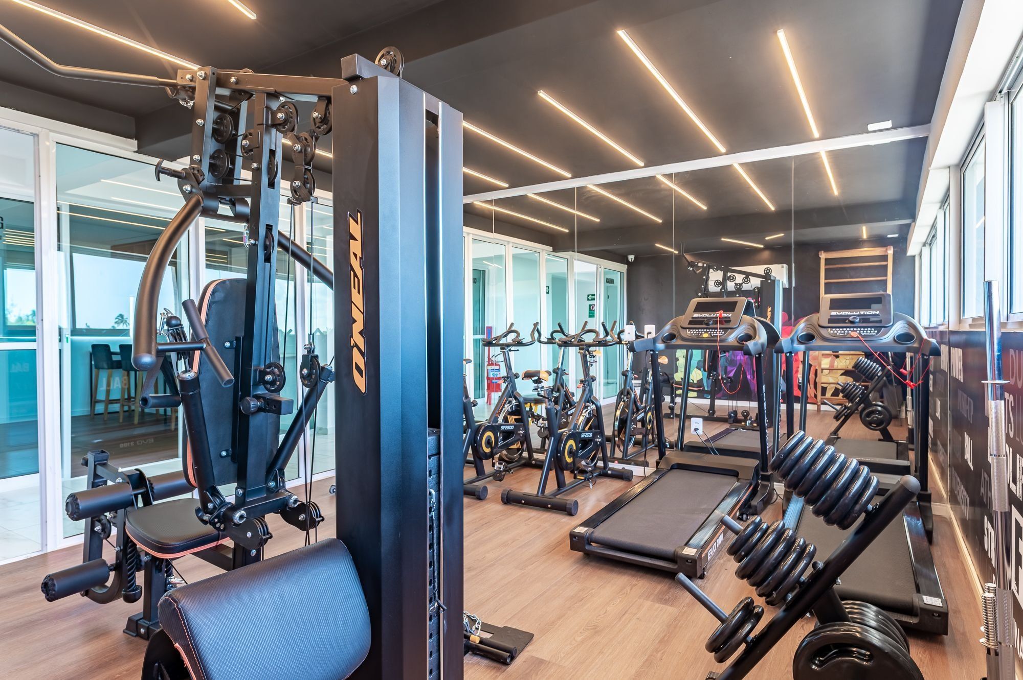 Un gimnasio con equipo de ejercicio, cintas de correr y máquinas de pesas.