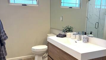 Shower, hair dryer, towels, soap