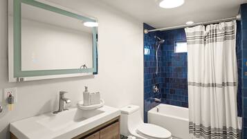Hair dryer, towels, soap, toilet paper