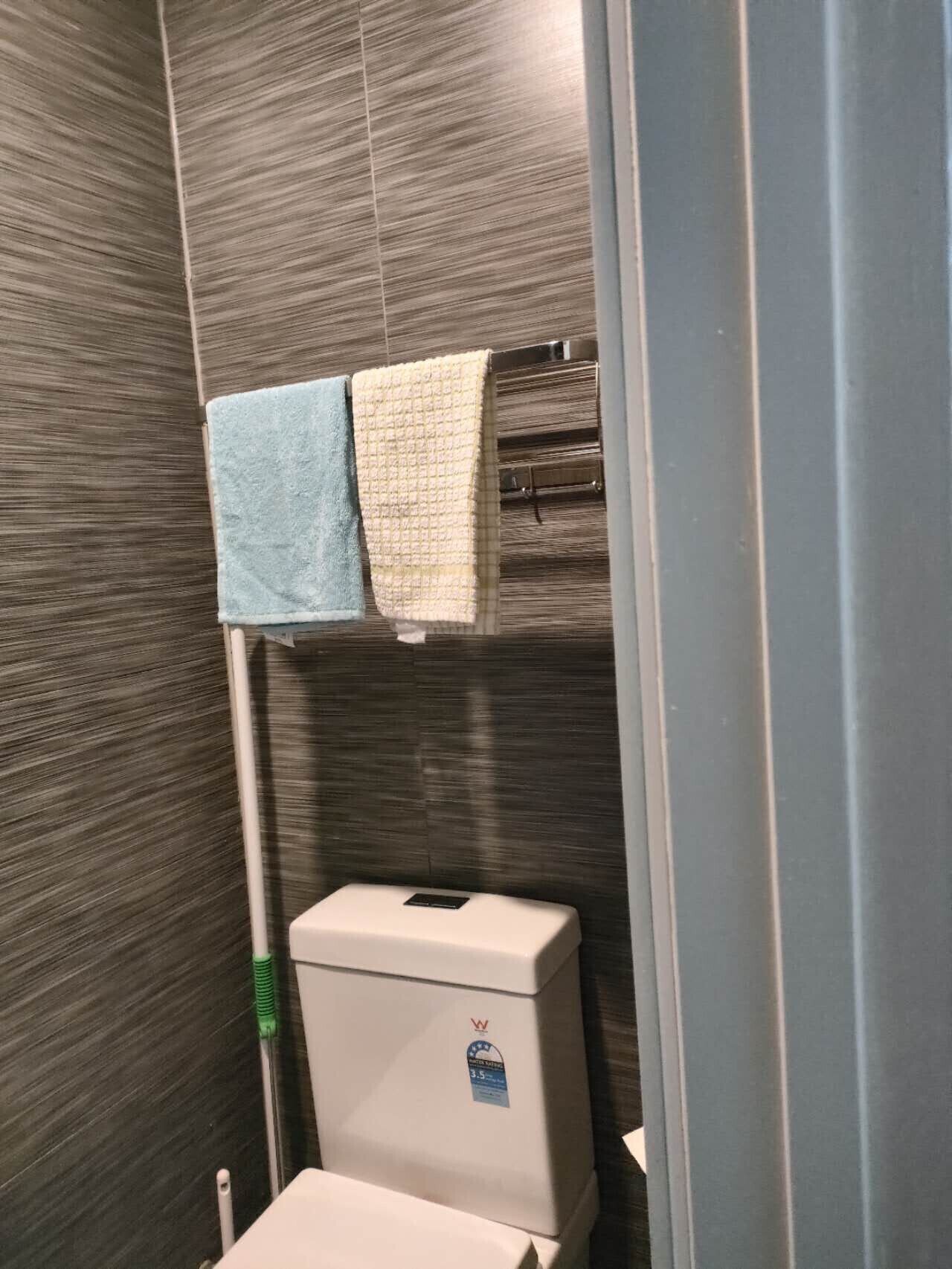 Une salle de bain comprenant des toilettes, un porte-serviettes avec deux serviettes et une brosse de nettoyage verte.